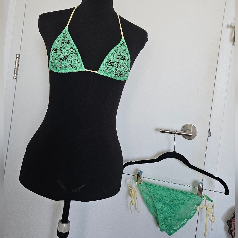 Peak & Pine Gyaru Brand Green And Yellow Lace Bikini Set